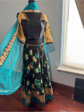 Black Floral Saree Maxi with Teal Dupatta and Yellow Blouse